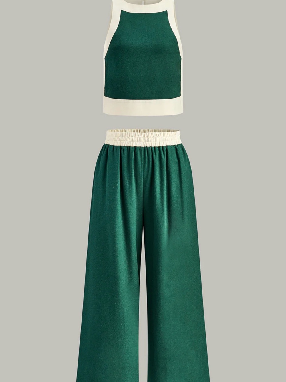 Commense Contrast Burgund Trim Crop Top and Wide-Leg Pants Set - Medium
